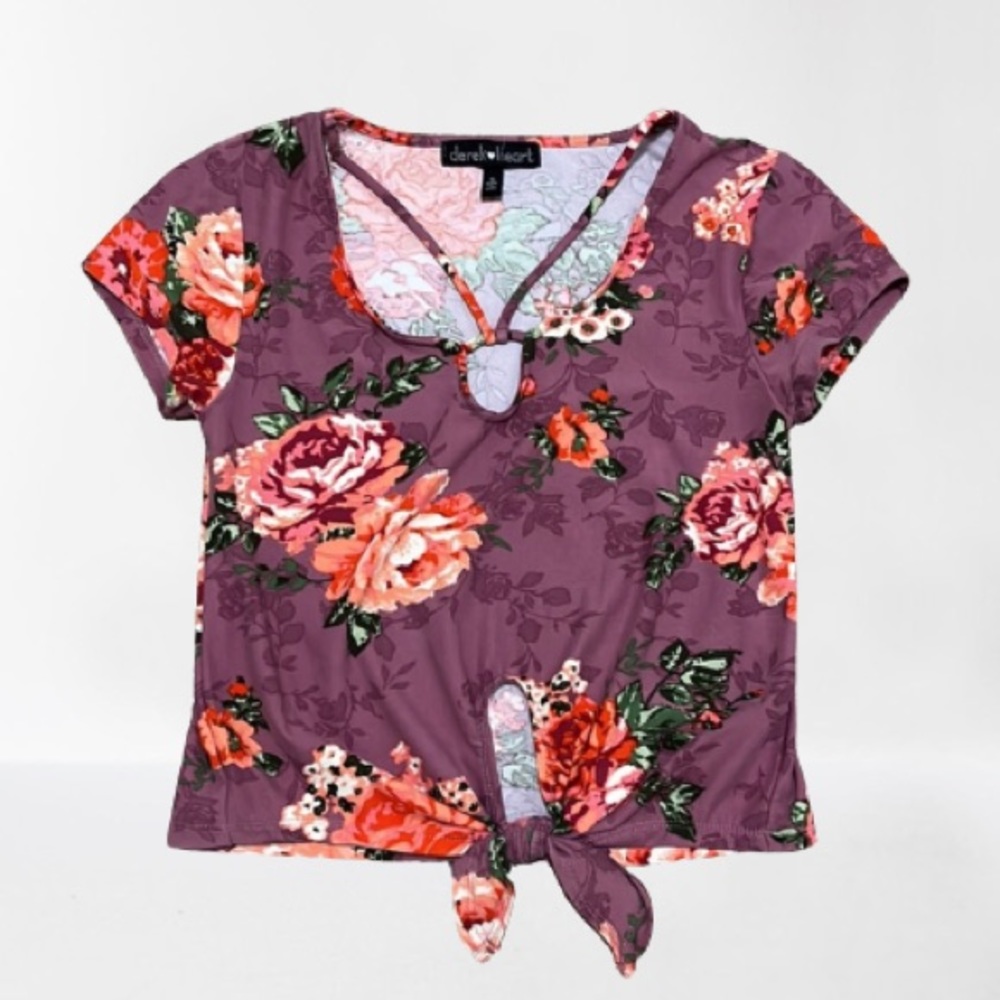 Purple Floral Cutout Crop Top Belly Tie Blouse - Small